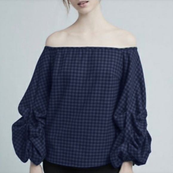 Anthropologie Guest Editor Off Shoulder Navy Checkered Plaid Flannel Top Women M - Picture 1 of 8